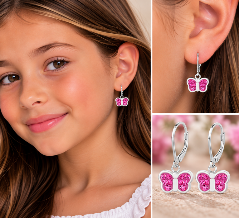 Joy|S - Zilveren vlinder oorbellen - roze kristal - brisure / leverback sluiting