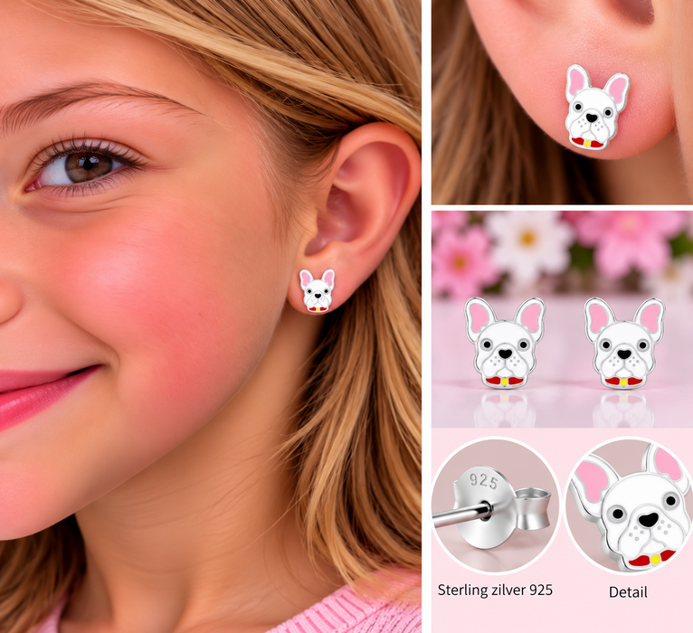Joy|S - Zilveren hond oorbellen - 9 x 10 mm - wit roze