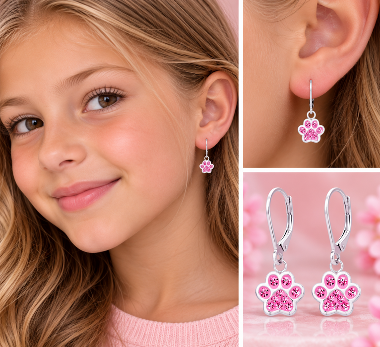 Joy|S - Zilveren kat hond dierenpoot bedel oorbellen - roze kristal - brisure / leverback sluiting - poot afdruk - sterling zilver 925