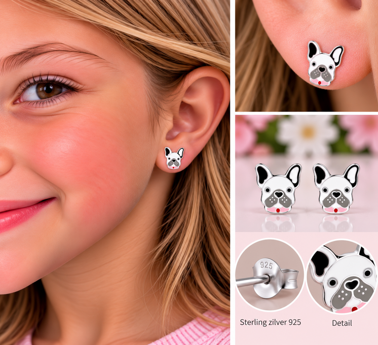 Joy|S - Zilveren hond oorbellen - 9 x 10 mm -wit zwart grijs met roze halsband - sterling zilver 925 - kinderoorbellen