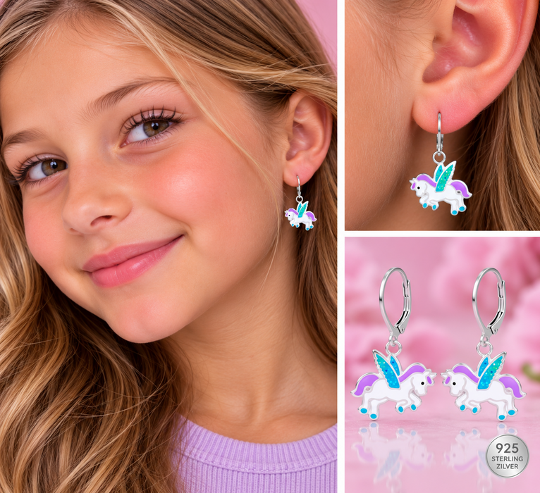 Joy|S - Zilveren eenhoorn bedel oorbellen - unicorn met vleugeltjes - brisure / leverback sluiting - sterling zilver 925
