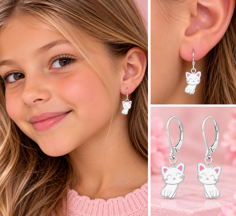 Joy|S - Zilveren kat poes bedel oorbellen - wit met roze oortjes - brisure / leverback sluiting - sterling zilver 925