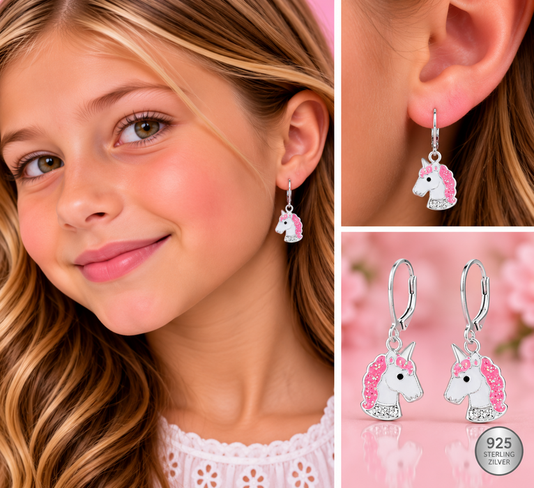 Joy|S - Zilveren eenhoorn oorbellen - unicorn wit roze - brisure / leverback sluiting - sterling zilver 925