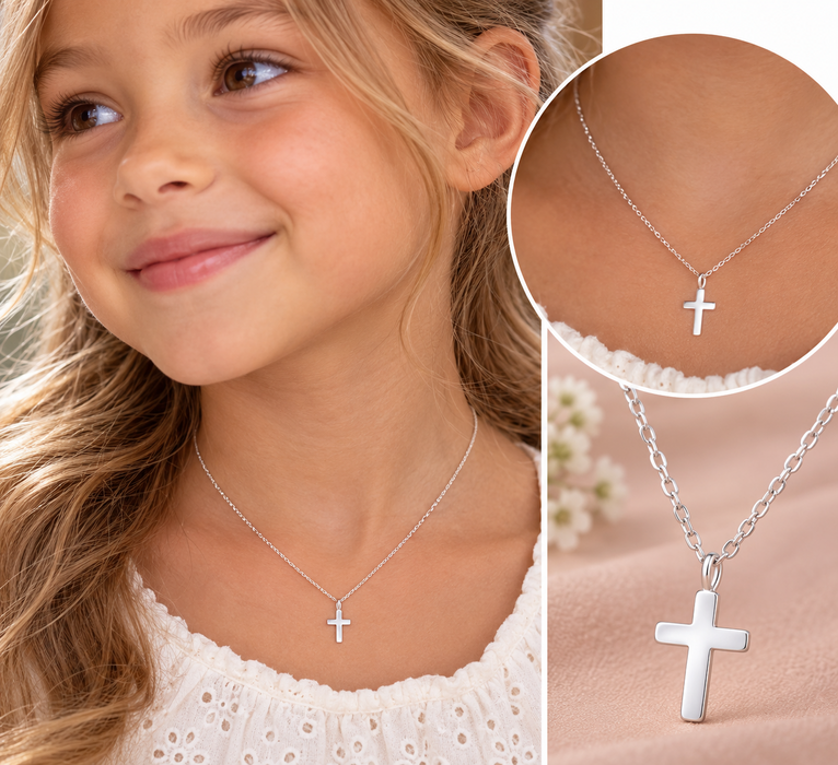 Joy|S - Zilveren petit kruisje hanger 6 x 8 mm met ketting 45 cm voor kinderen