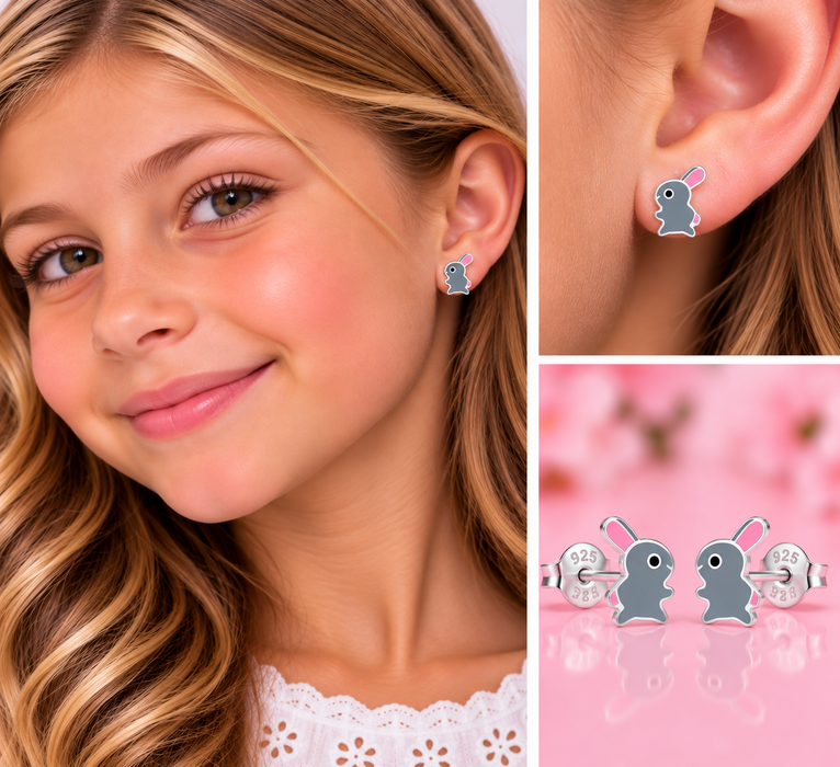 Joy|S - Zilveren konijn oorbellen - 7 mm - grijs met roze oortjes en staartje - sterling zilver 925 - kinderoorbellen