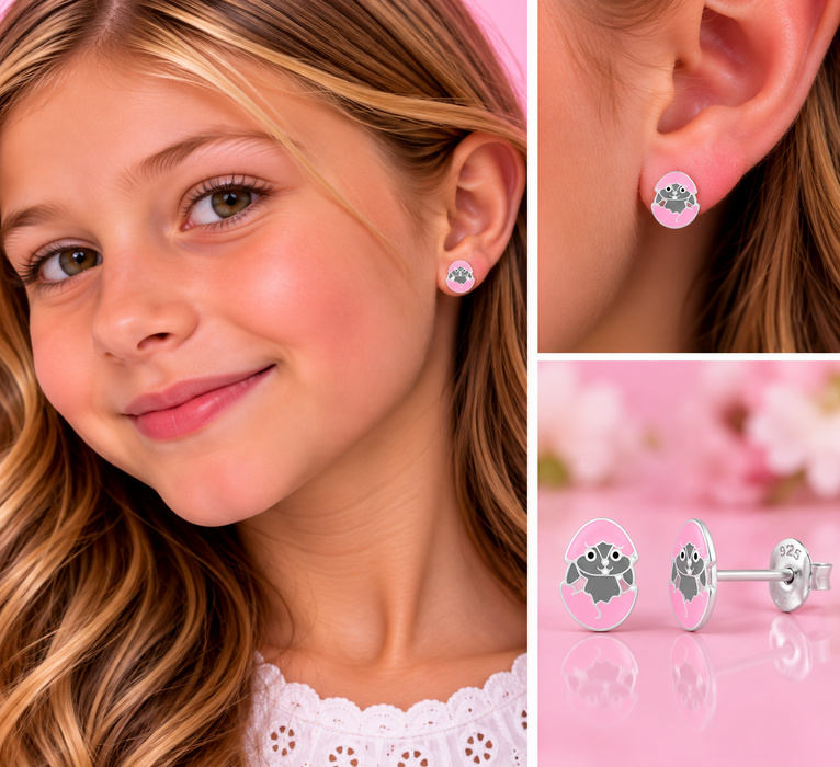Joy|S - Zilveren Paasei oorbellen - Pasen - roze ei met konijntje - sterling zilver 925 - kinderoorbellen
