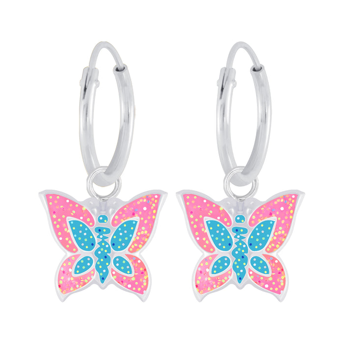 Joy|S - Zilveren vlinder bedel oorbellen - met glitter - roze blauw - oorringen