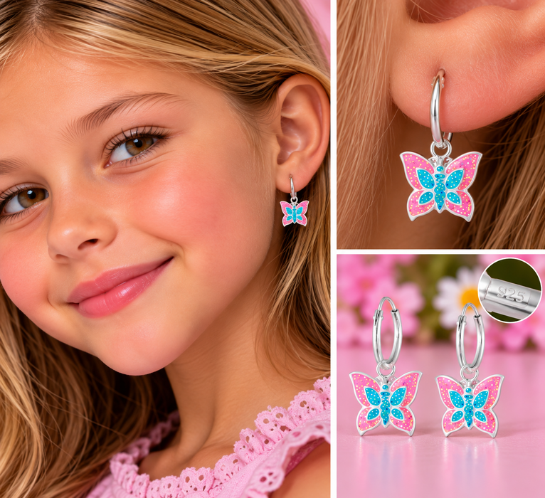 Joy|S - Zilveren vlinder bedel oorbellen - met glitter - roze blauw - oorringen