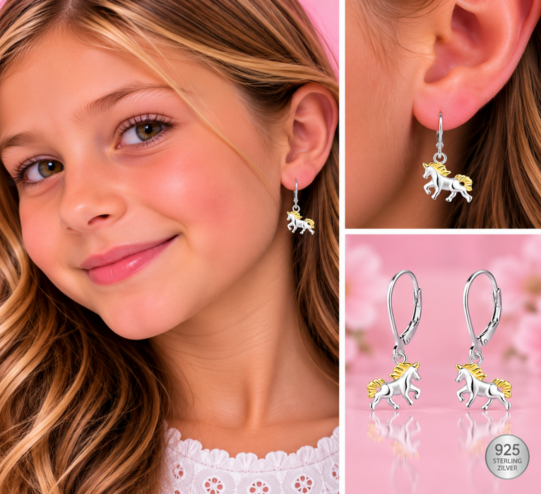 Joy|S - Zilveren paard oorbellen - brisure / leverback sluiting - goldplated manen en staart - sterling zilver 925