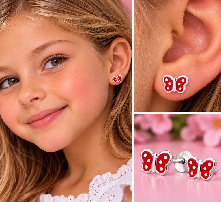 Joy|S - Zilveren vlinder oorbellen - rood met witte stipjes - sterling zilver 925 - vlinder kinderoorbellen