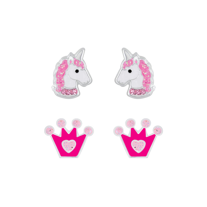 Joy|S - Zilveren oorbellen set 2 paar | Eenhoorn/ unicorn | Kroontje