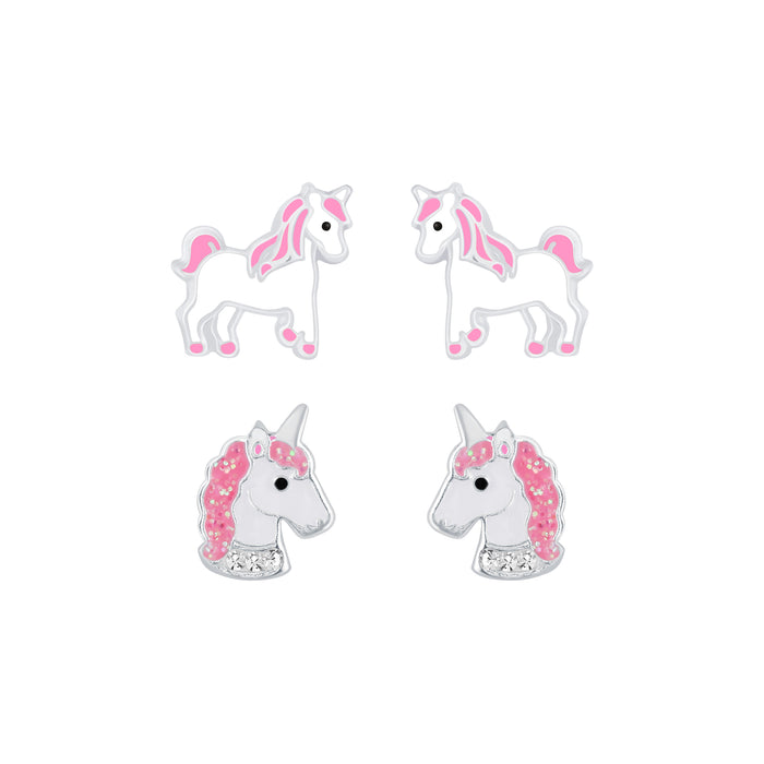 Joy|S - Zilveren oorbellen set 2 paar | Eenhoorn | Unicorn