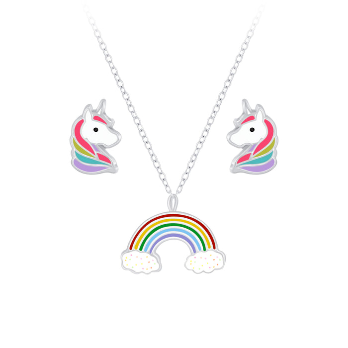 Joy|S - Zilveren eenhoorn oorbellen en regenboog hanger met ketting set