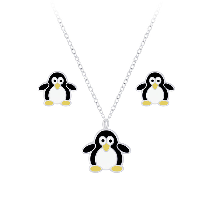 Joy|S - Zilveren pinguïn hanger met ketting en oorbellen set