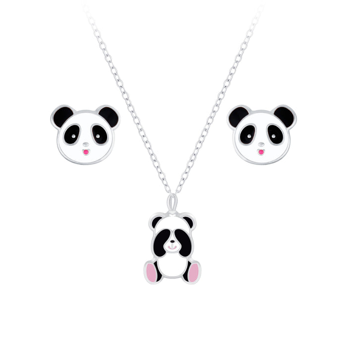 Joy|S - Zilveren panda hanger met ketting en panda oorbellen - set