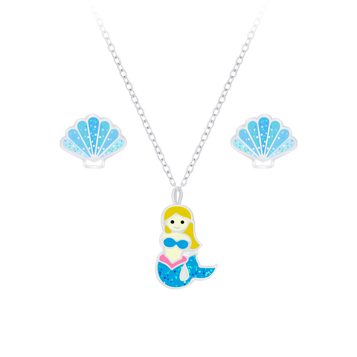 Joy|S - Zilveren zeemeermin hanger met ketting en schelp oorbellen set