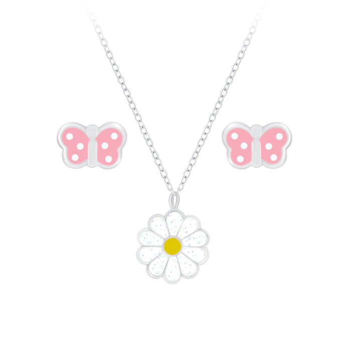 Joy|S - Zilveren bloem hanger met ketting en vlinder oorbellen set