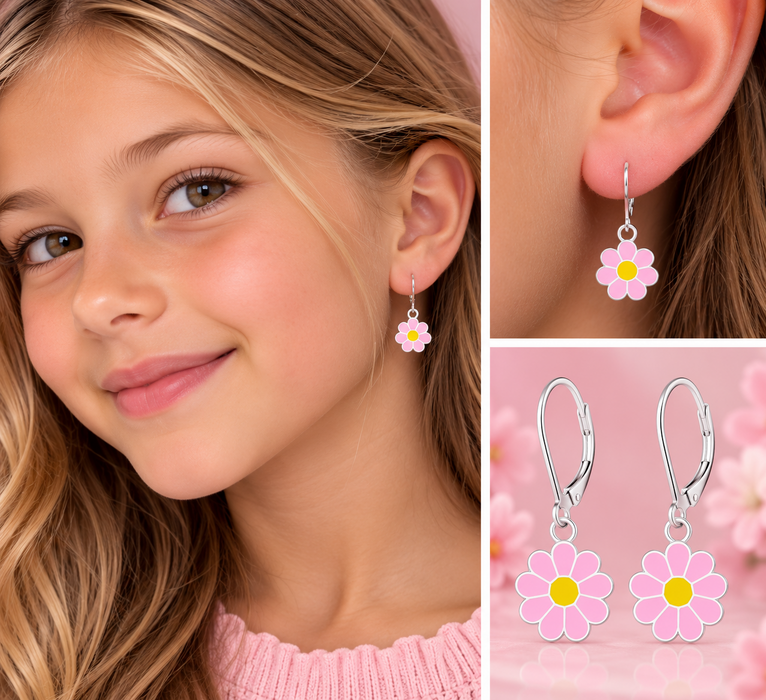 Joy|S - Zilveren madelief bloem oorbellen - roze met geel - brisure / leverback sluiting - sterling zilver 925