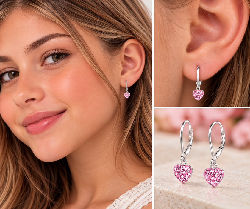 Joy|S - Zilveren hartje oorbellen - roze kristal - brisure / leverback sluiting - hartjes bedel - sterling zilver 925