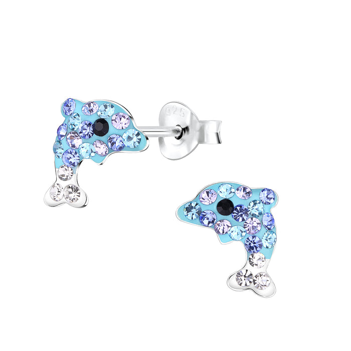 Joy|S - Zilveren Dolfijn oorbellen - 6 x 9 mm - paars - blauw - wit kristal