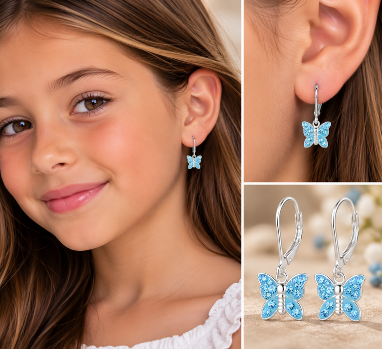 Joy|S - Zilveren vlinder bedel oorbellen - blauw kristal - brisure / leverback sluiting