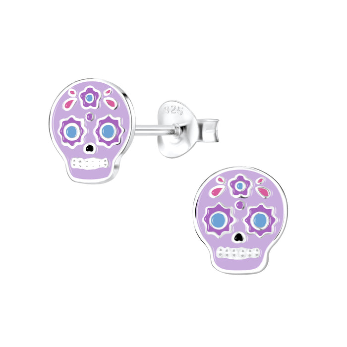 Joy|S - Zilveren sugar skull oorbellen - 8 x 9 mm - paars - halloween