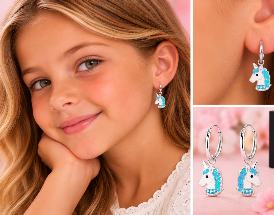 Joy|S - Zilveren eenhoorn oorbellen unicorn oorringen blauw/ turquoise wit