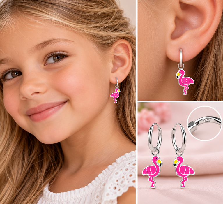 Joy|S - Zilveren flamingo bedel oorbellen - oorringen - roze flamingo - sterling zilver 925 - kinderoorbellen