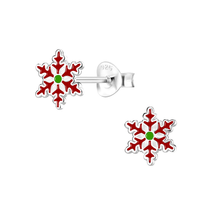 Joy|S - Zilveren kerst oorbellen - sneeuwvlokje rood