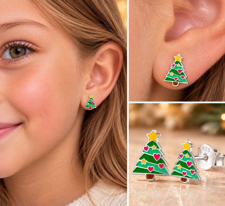 Joy|S - Zilveren kerst oorbellen - kerstboom met hartjes - sterling zilver 925 - oorknoppen