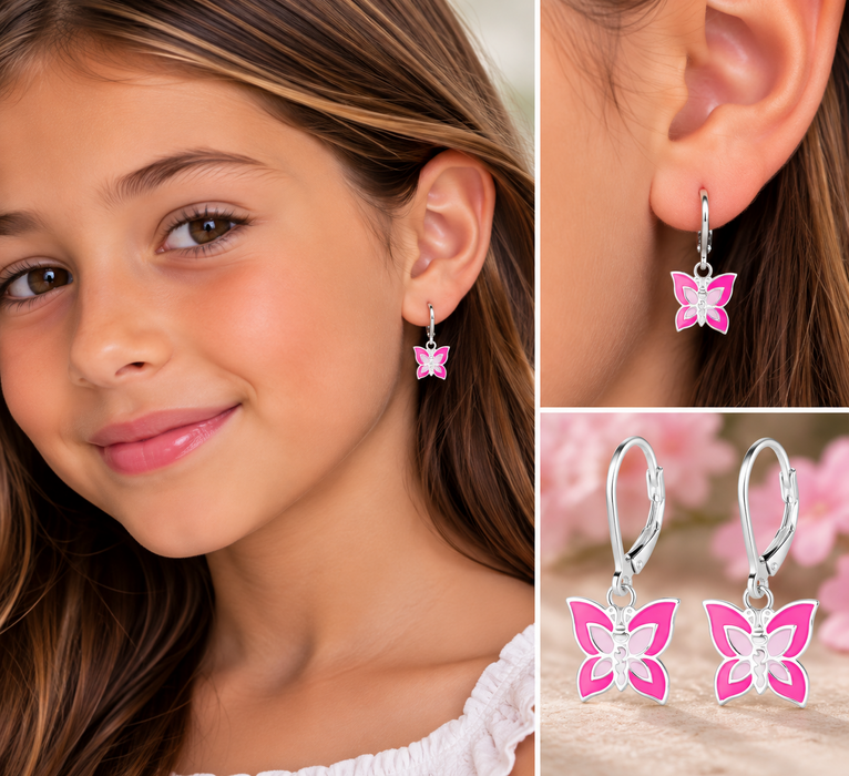 Joy|S - Zilveren vlinder oorbellen - roze wit - brisure / leverback sluiting