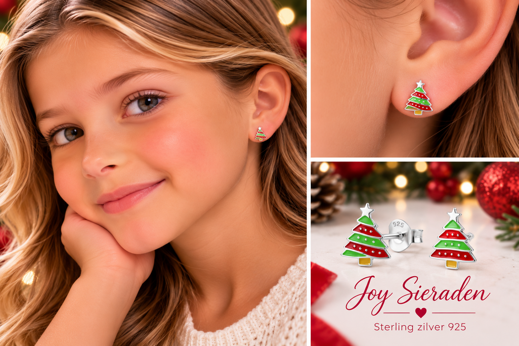 Joy|S - Zilveren kerstboom oorbellen - 7 x 8 mm - groen rood met zilver ster - kerst oorknoppen