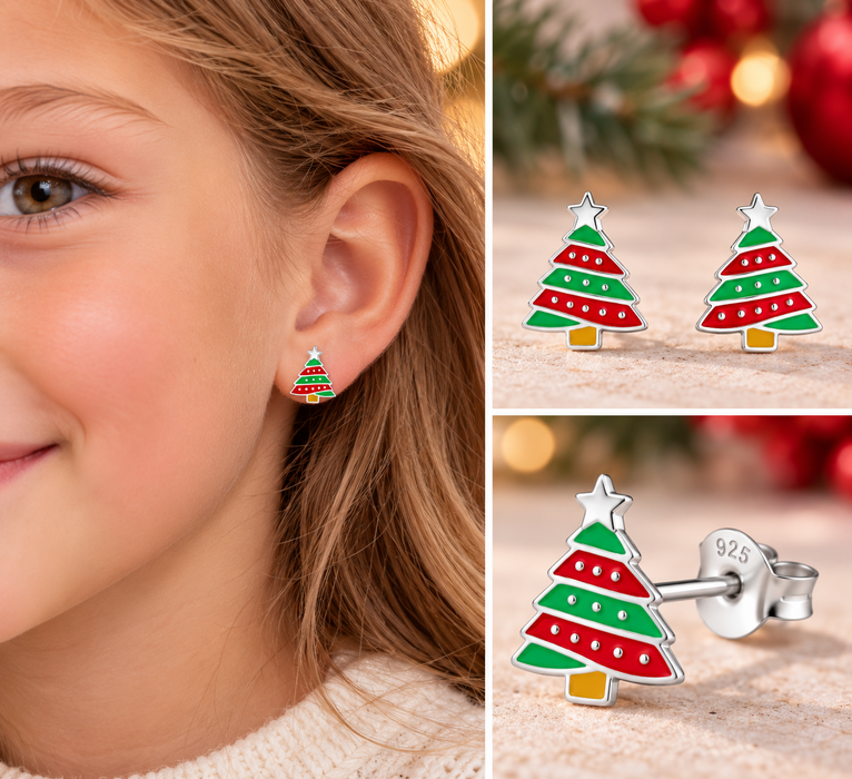 Joy|S - Zilveren kerstboom oorbellen - 7 x 8 mm - groen rood met zilver ster - kerst oorknoppen