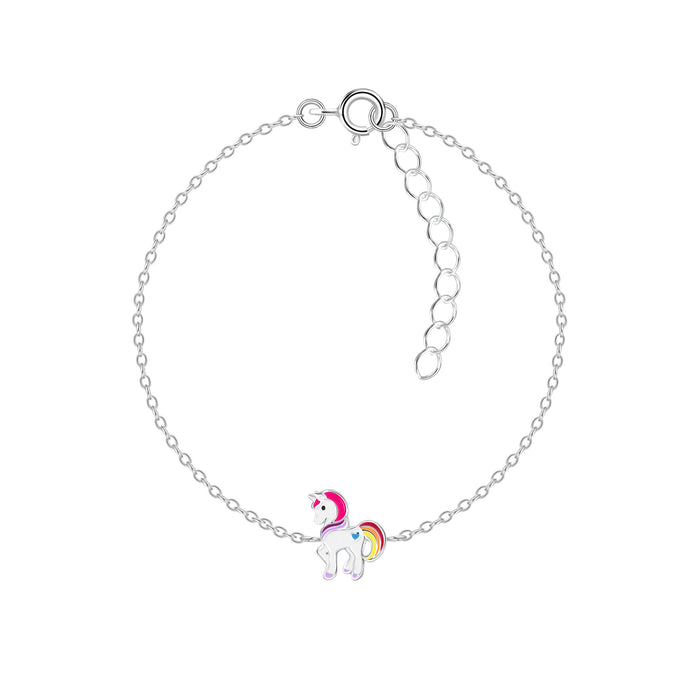 Joy|S - Zilveren Pony armband 14 cm + 3 unicorn - 7 x 10 mm eenhoorn armband