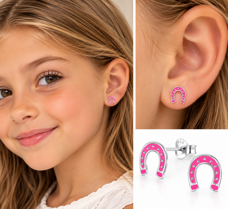 Joy|S - Zilveren hoefijzer oorbellen - roze - 7 x 8 mm