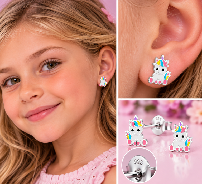 Joy|S - Zilveren baby eenhoorn oorbellen - multicolor - t33 - sterling zilver 925 - unicorn kinderoorbellen