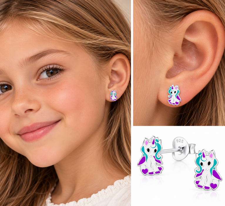 Joy|S - Zilveren pony eenhoorn oorbellen - adorable unicorn - paars wit - t70 - kinderoorbellen - sterling zilver 925