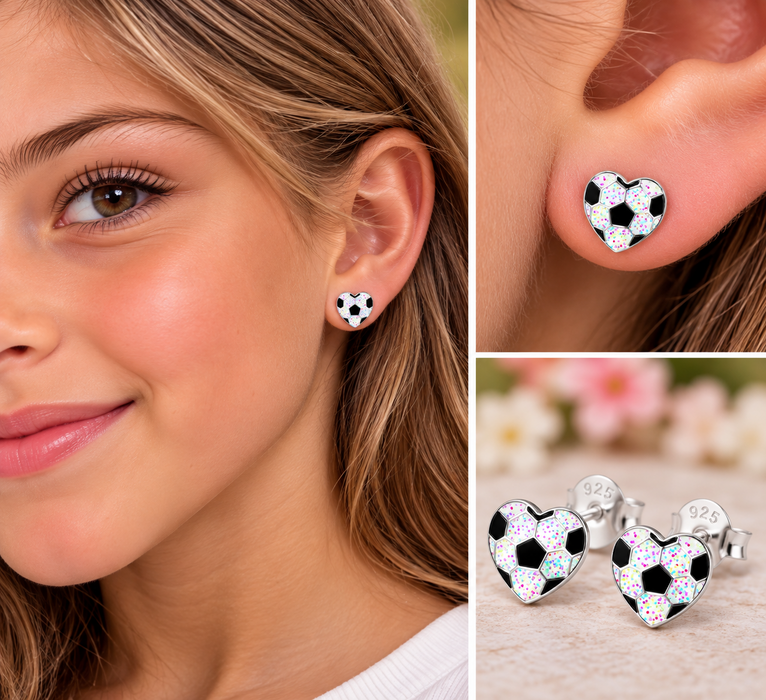 Joy|S - Zilveren hartje oorbellen - voetbal - glitter wit - 9 mm