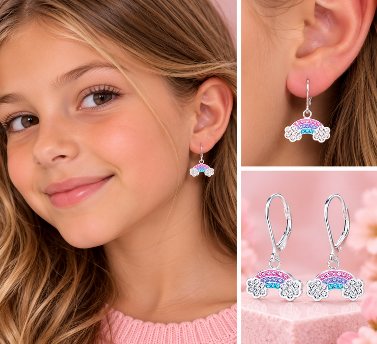 Joy|S - Zilveren regenboog bedel oorbellen - roze paars blauw kristal - leverback sluiting