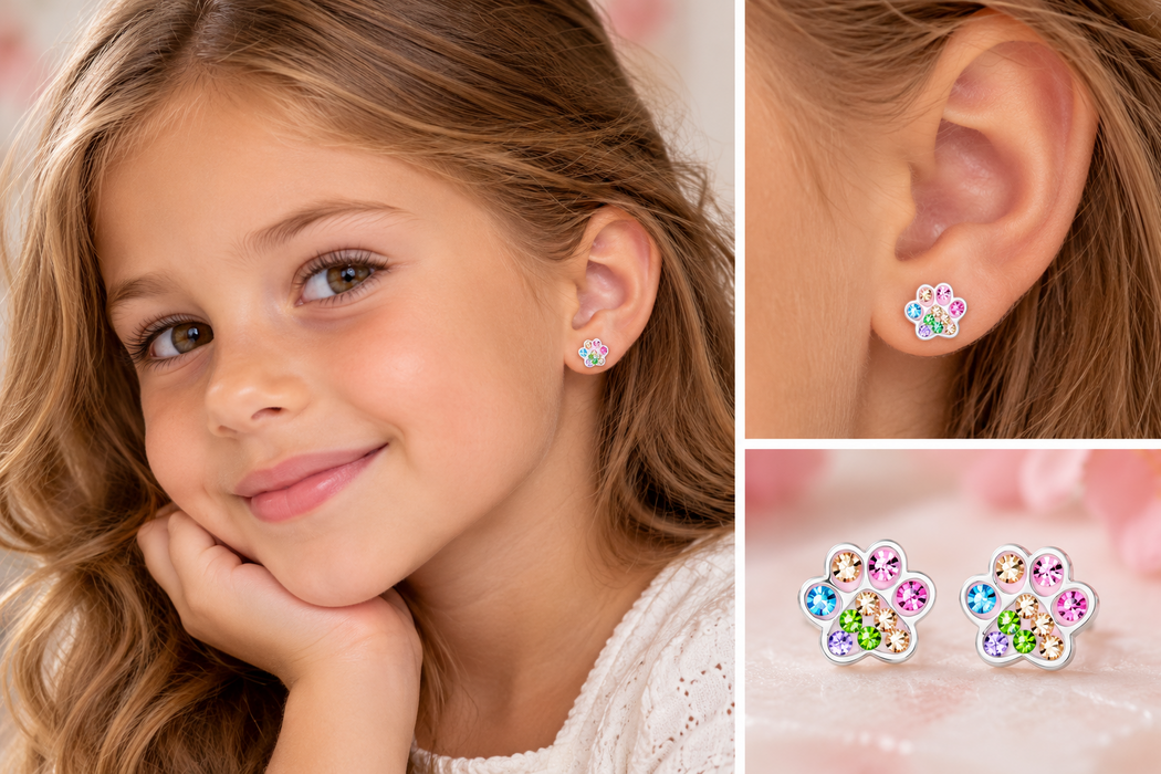 Joy|S - Zilveren kat hond dierenpoot oorbellen - 8 mm - multicolor kristal - poot afdruk - t54