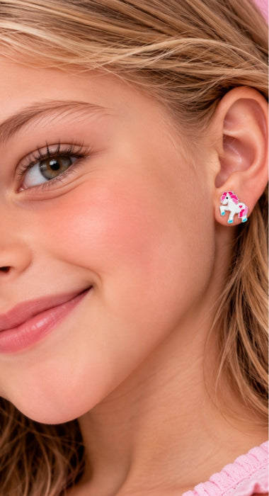 Joy|S - Zilveren pony eenhoorn oorbellen - roze wit unicorn - t21