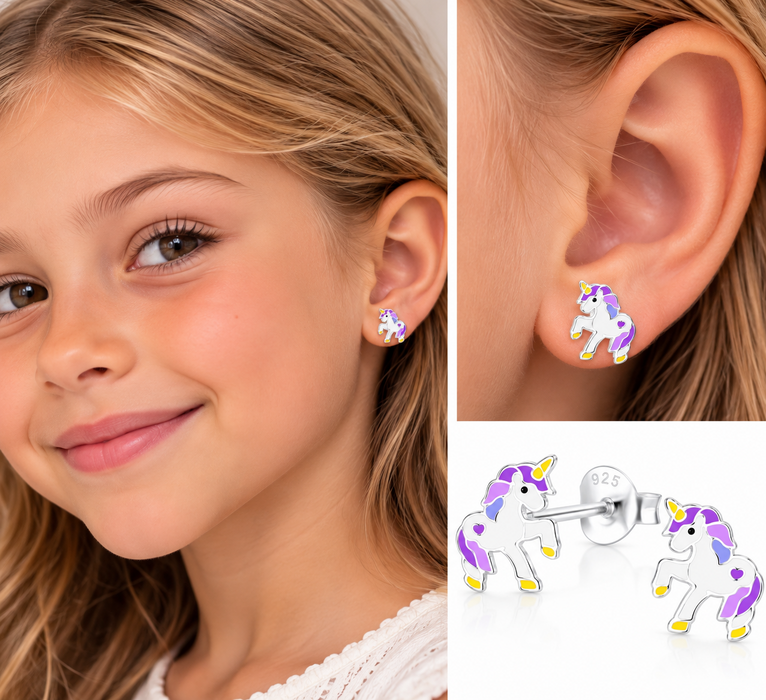 Joy|S - Zilveren pony eenhoorn oorbellen - paars wit unicorn - t20 - sterling zilver 925 - eenhoorn kinderoorbellen