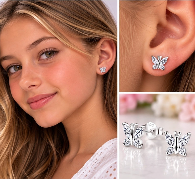 Joy|S - Zilveren vlinder oorbellen - zirkonia - 6 x 7 mm - sterling zilver 925 - elegante vlinder oorknoppen