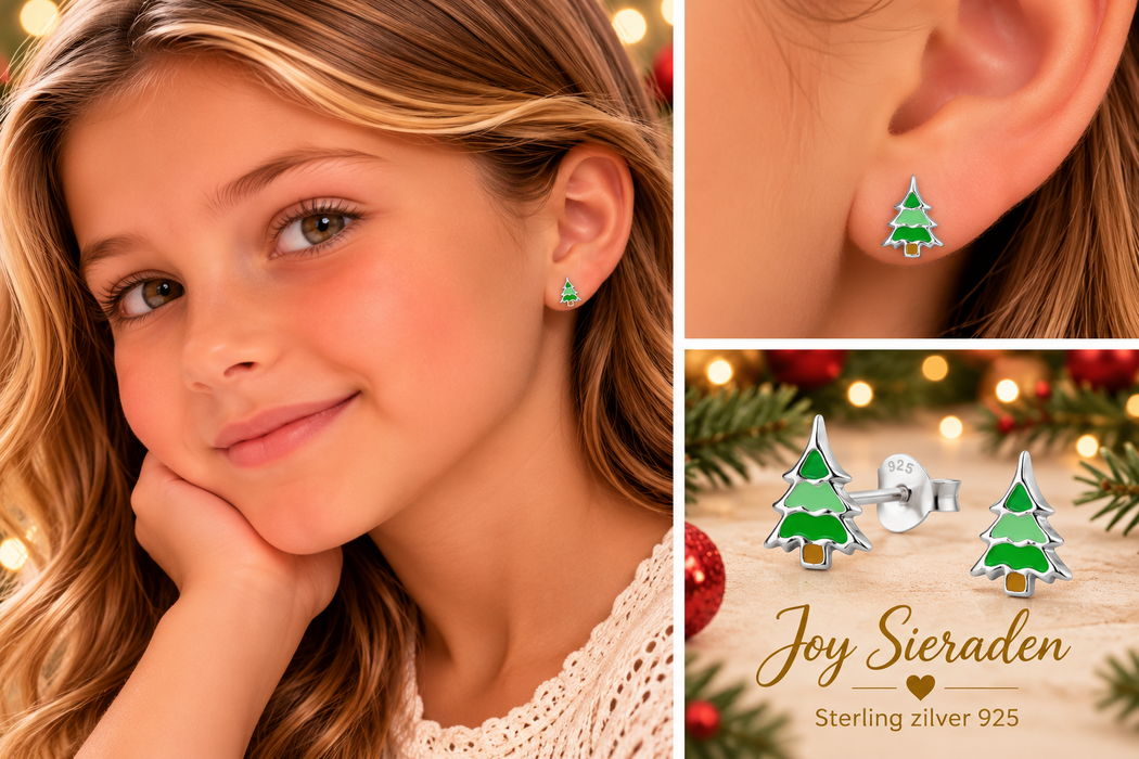 Joy|S - Zilveren kerstboom oorbellen - 7 x 8 mm - kerst oorknoppen
