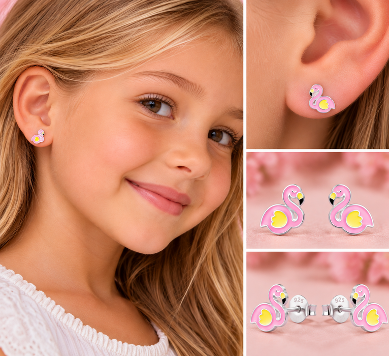 Joy|S - Zilveren flamingo oorbellen - 8 x 7 mm - roze geel - kinderoorbellen - vogel - roze flamingo oorknoppen - sterling zilver 925